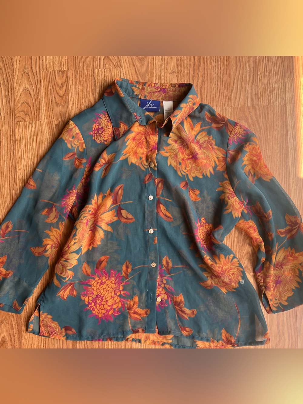 IBK Teal Floral Button-Down Shirt with Orange Blooms